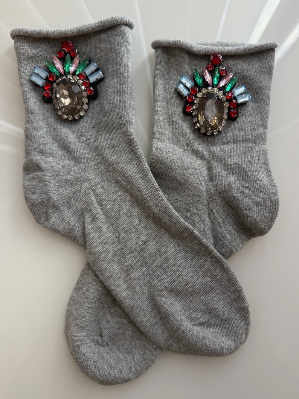 Gray Embellished Crystal Crew Socks - Women's Fashion Accessories